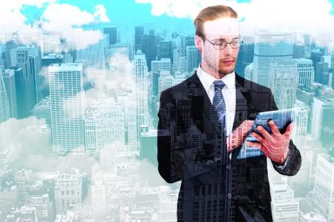 Composite image of unsmiling businessman using tablet pc 스톡 일러스트