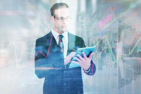 Composite image of unsmiling businessman using tablet pc Stock Illustration