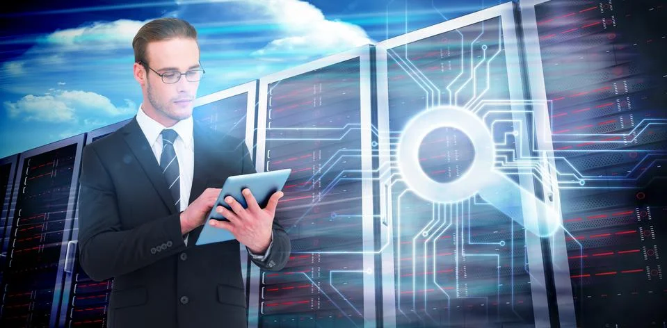 Composite image of unsmiling businessman using tablet pc Stock Illustration