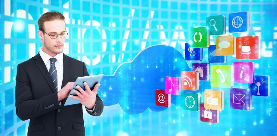 Composite image of unsmiling businessman using tablet pc Illustrazione stock