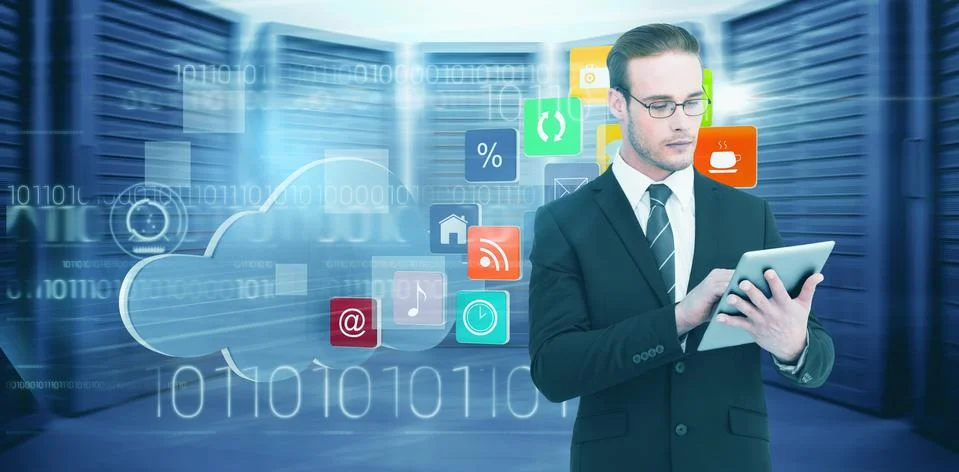 Composite image of unsmiling businessman using tablet pc Illustrazione stock