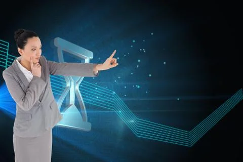 Composite image of unsmiling thinking asian businesswoman pointing Illustrazione stock