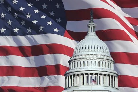 Composite image of the US Capitol building dome with US flag Stock Photos