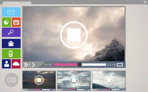 Composite image of various video and computer icons displayed Foto stock