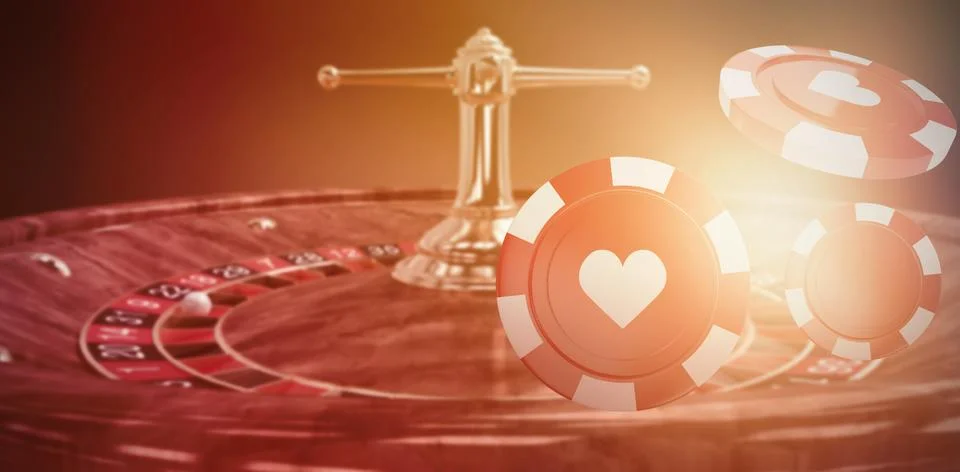 Composite image of vector 3d image of red casino token with hearts symbol 스톡 사진