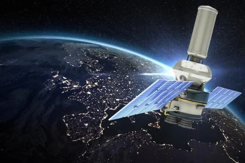 Composite image of vector image of a 3d modern solar power satellite Ilustração Stock