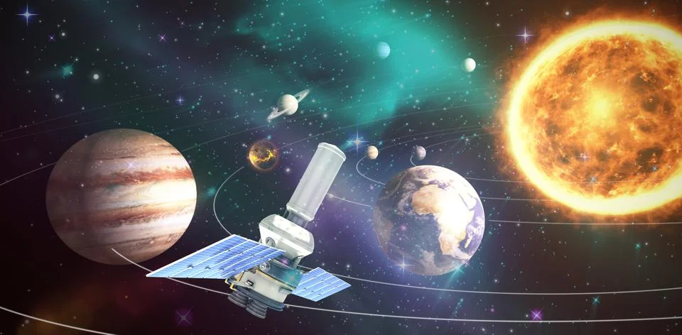 Composite image of vector image of 3d modern solar power satellite Stockillustratie