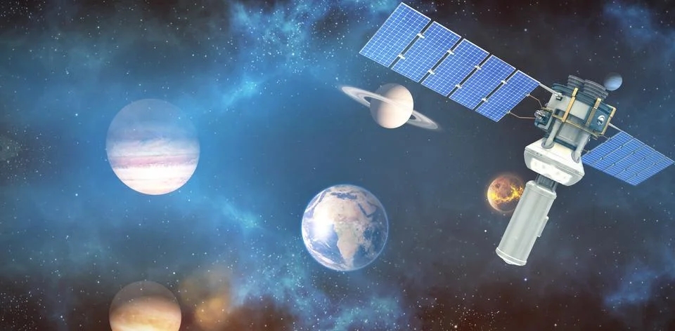 Composite image of vector image of 3d modern solar satellite Stockillustratie