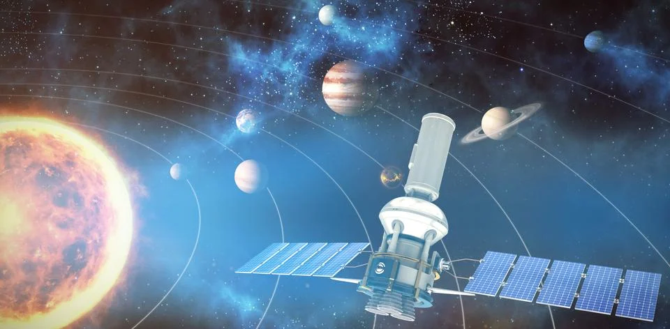 Composite image of vector image of 3d modern solar satellite Stockillustratie