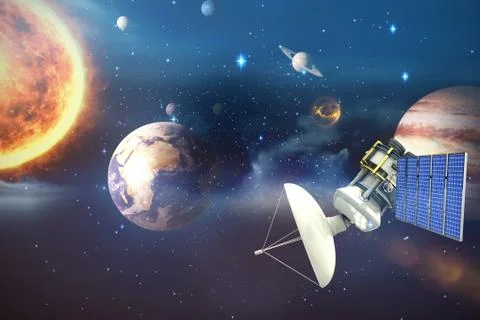 Composite image of vector image of 3d solar powered satellite Stockillustratie