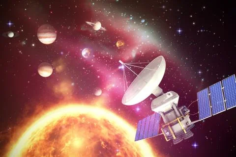 Composite image of vector image of 3d solar powered satellite Stockillustratie
