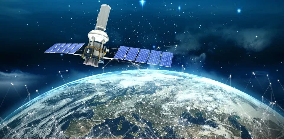Composite image of vector image of 3d modern solar satellite Stockillustratie