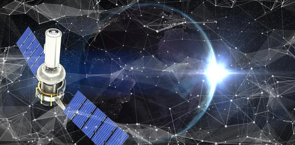 Composite image of vector image of 3d modern solar satellite Stockillustratie