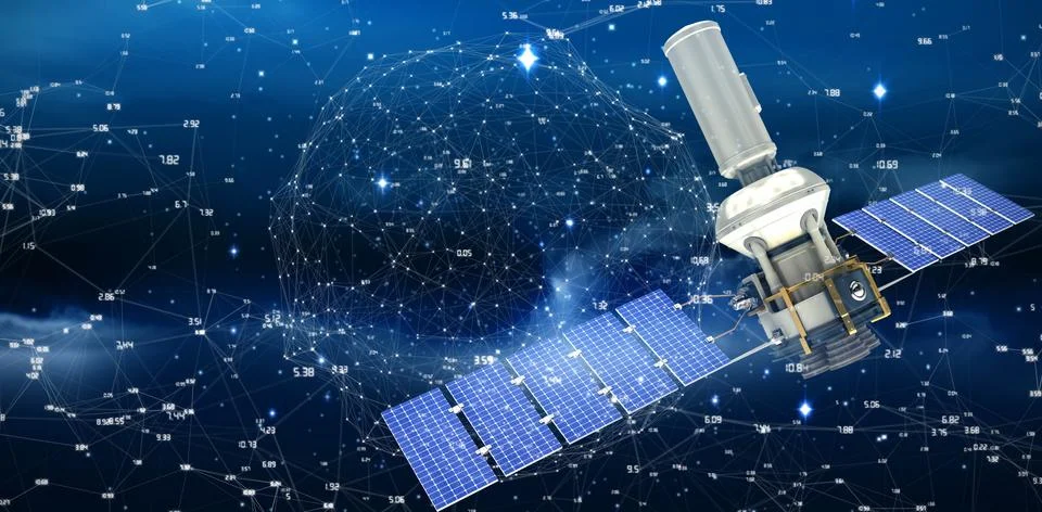 Composite image of vector image of 3d modern solar power satellite Illustrazione stock