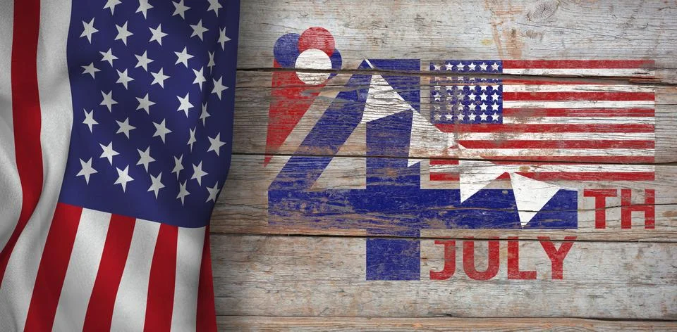 Composite image of vector image of 4th july text with flag and decoration Stock Photos