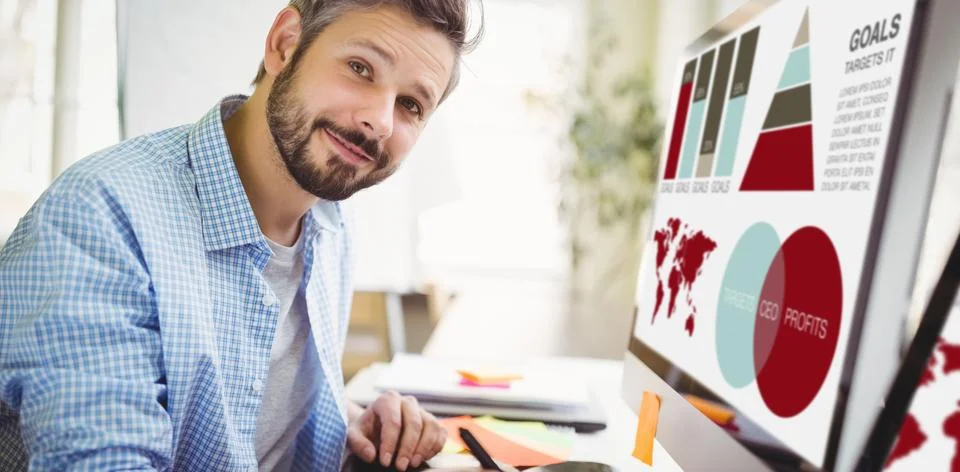 Composite image of vector image of business presentation with charts and map Stock Photos