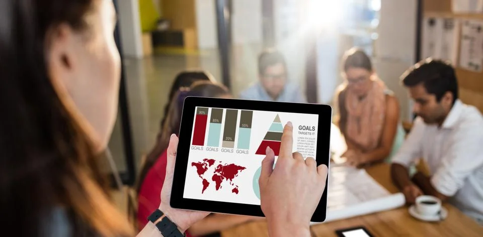 Composite image of vector image of business presentation with charts and map Stock Photos