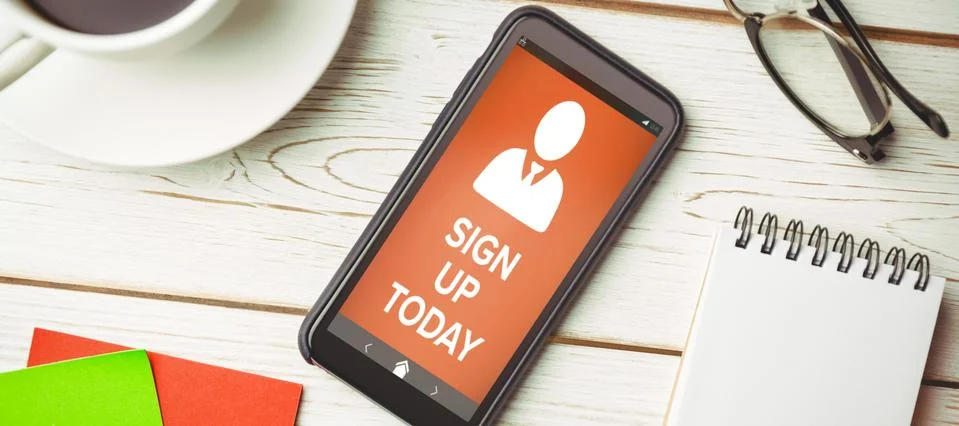 Composite image of vector image of sign up now text with human icon Foto stock