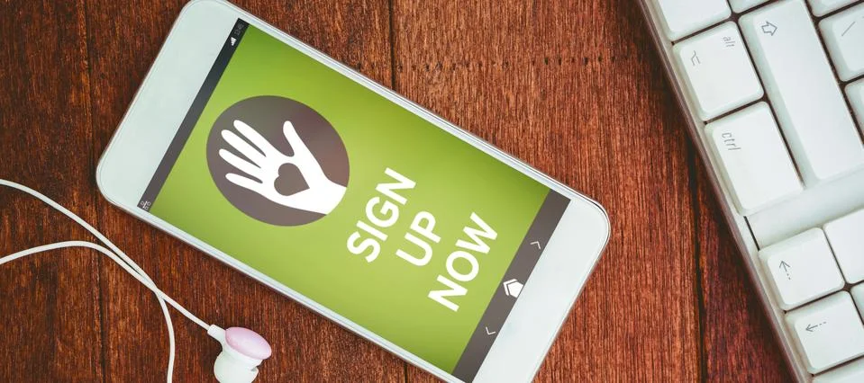 Composite image of vector image of sign up now text with icons Foto stock