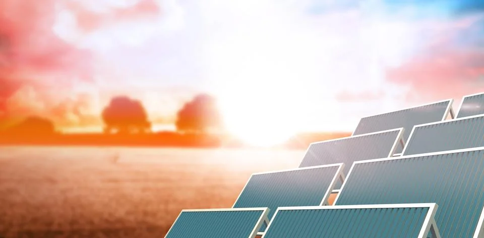 Composite image of vector image of solar panel against sunset Stock Photos