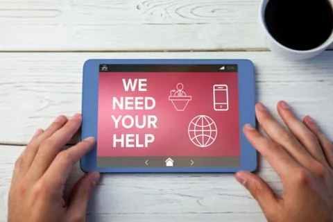 Composite image of we need your help text with various icons on screen Stock Photos