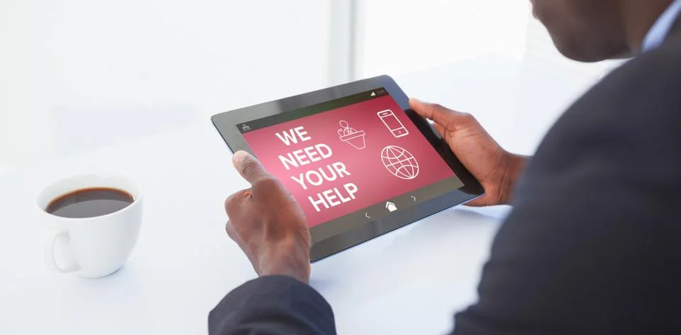 Composite image of we need your help text with various icons on screen Stock Photos