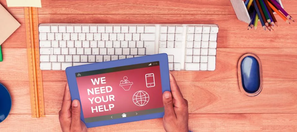 Composite image of we need your help text with various icons on screen 스톡 사진
