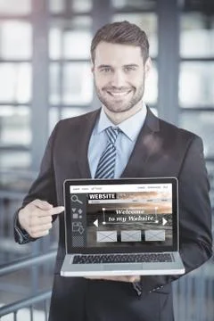 Composite image of website interface against happy businessman showing laptop Stock Photos