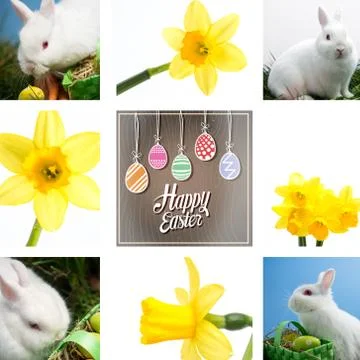 Composite image of white rabbit sitting beside easter eggs in green basket Stock Illustration