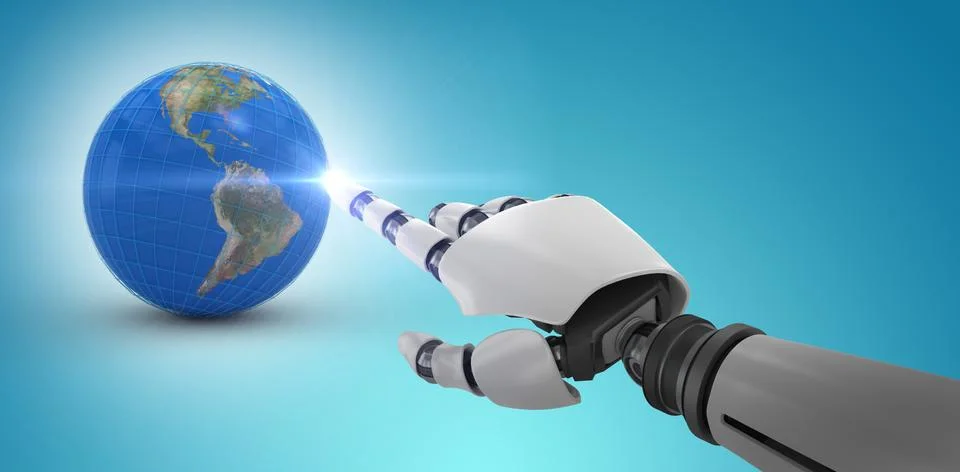 Composite image of white robot arm pointing at something 스톡 일러스트