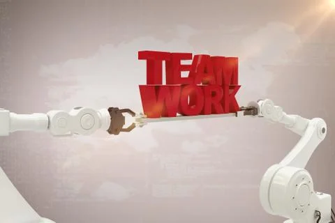 Composite image of white robotic hand holding team work text against white 写真素材