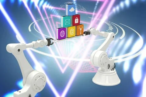 Composite image of white robotic hands holding computer icons against white Stock Photos