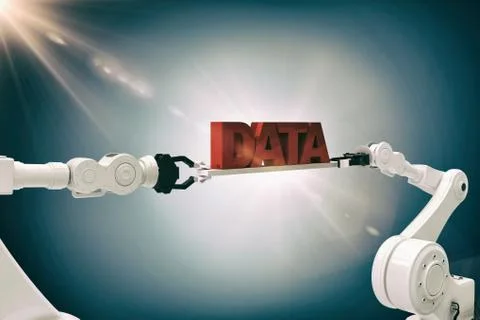 Composite image of white robotic hands holding red data message against grey Stock Photos