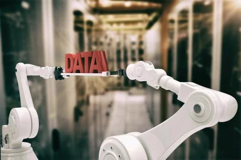 Composite image of white robotic hands holding red data message Foto stock