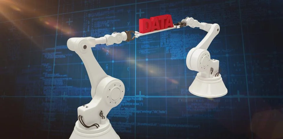 Composite image of white robotic hands holding red data message Stock Photos
