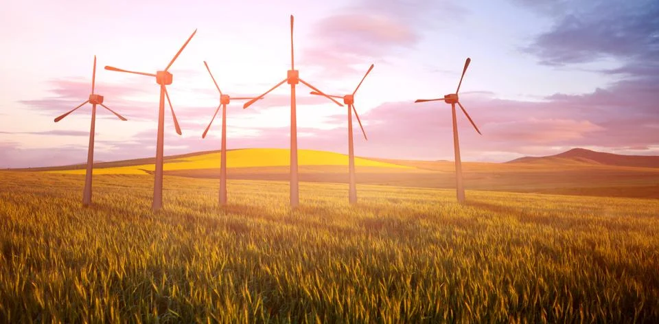Composite image of windmills side by side against white background 3d Illustrazione stock