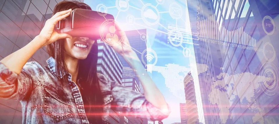 Composite image of woman using an oculus Stockfoto's