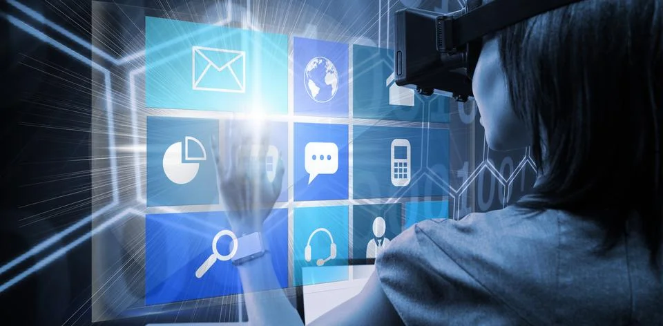 Composite image of woman using a virtual reality device 写真素材