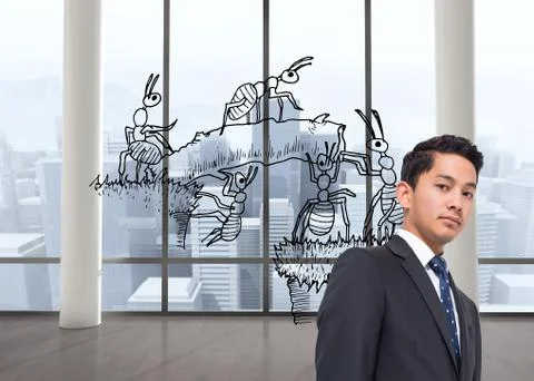 Composite image of working ants in room with big windows Stock Illustration