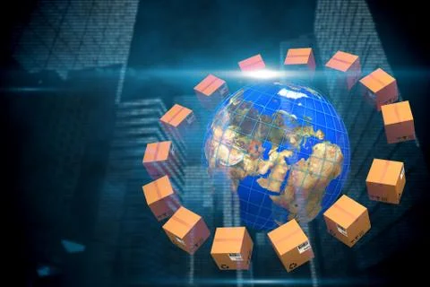 Composite image of world map amidst brown cardboard boxes Stock Illustration