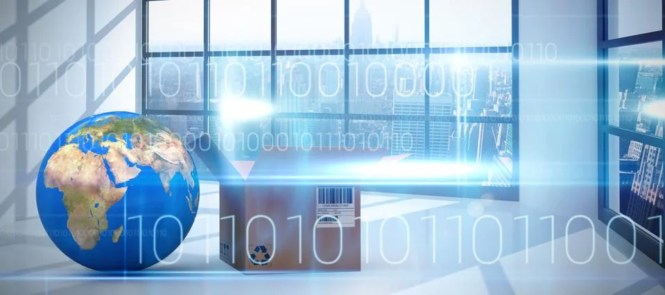 Composite image of world map and brown cardboard box Illustrazione stock