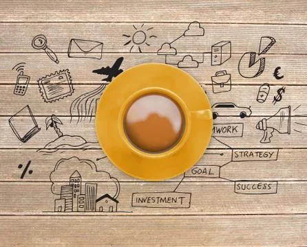Composite image of yellow cup of coffee 스톡 일러스트