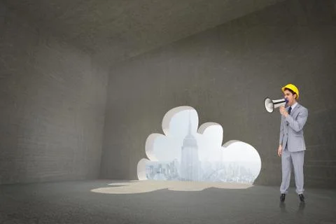 Composite image of young architect yelling with a megaphone 스톡 일러스트
