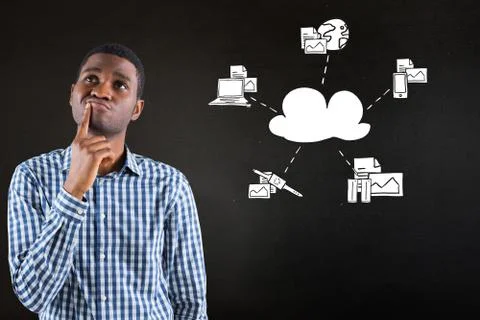 Composite image of young businessman thinking Illustrazione stock