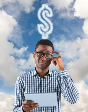 Composite image of young businessman thinking and holding tablet Stock Illustration