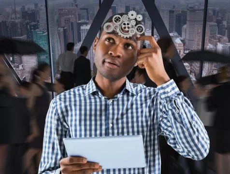 Composite image of young businessman thinking and holding tablet Illustrazione stock