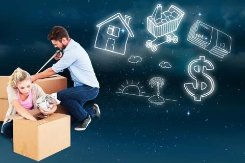 Composite image of young couple packing moving boxes Ilustración de archivo