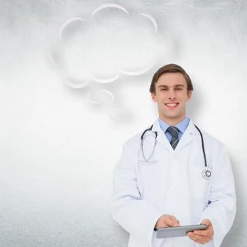 Composite image of young doctor using tablet pc with thought bubble Stock Illustration