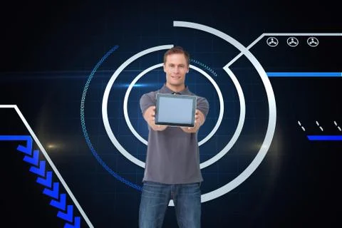 Composite image of young man showing screen of his tablet computer 스톡 일러스트