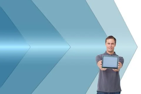 Composite image of young man showing screen of his tablet computer 스톡 일러스트